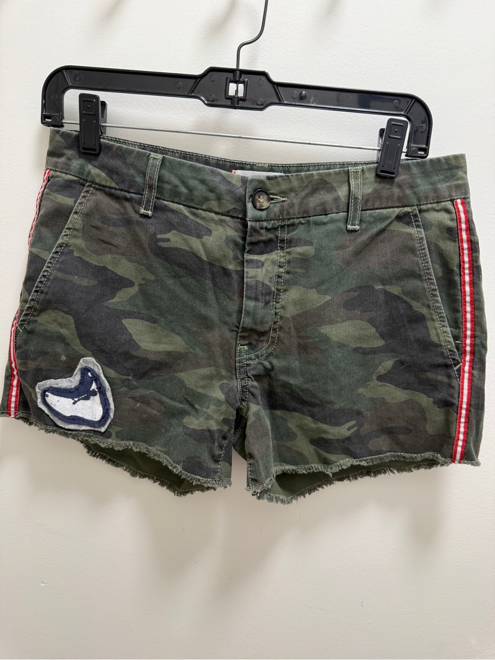 Sundry Camouflage Green Camo Patch Jean Shorts with Red Stripe